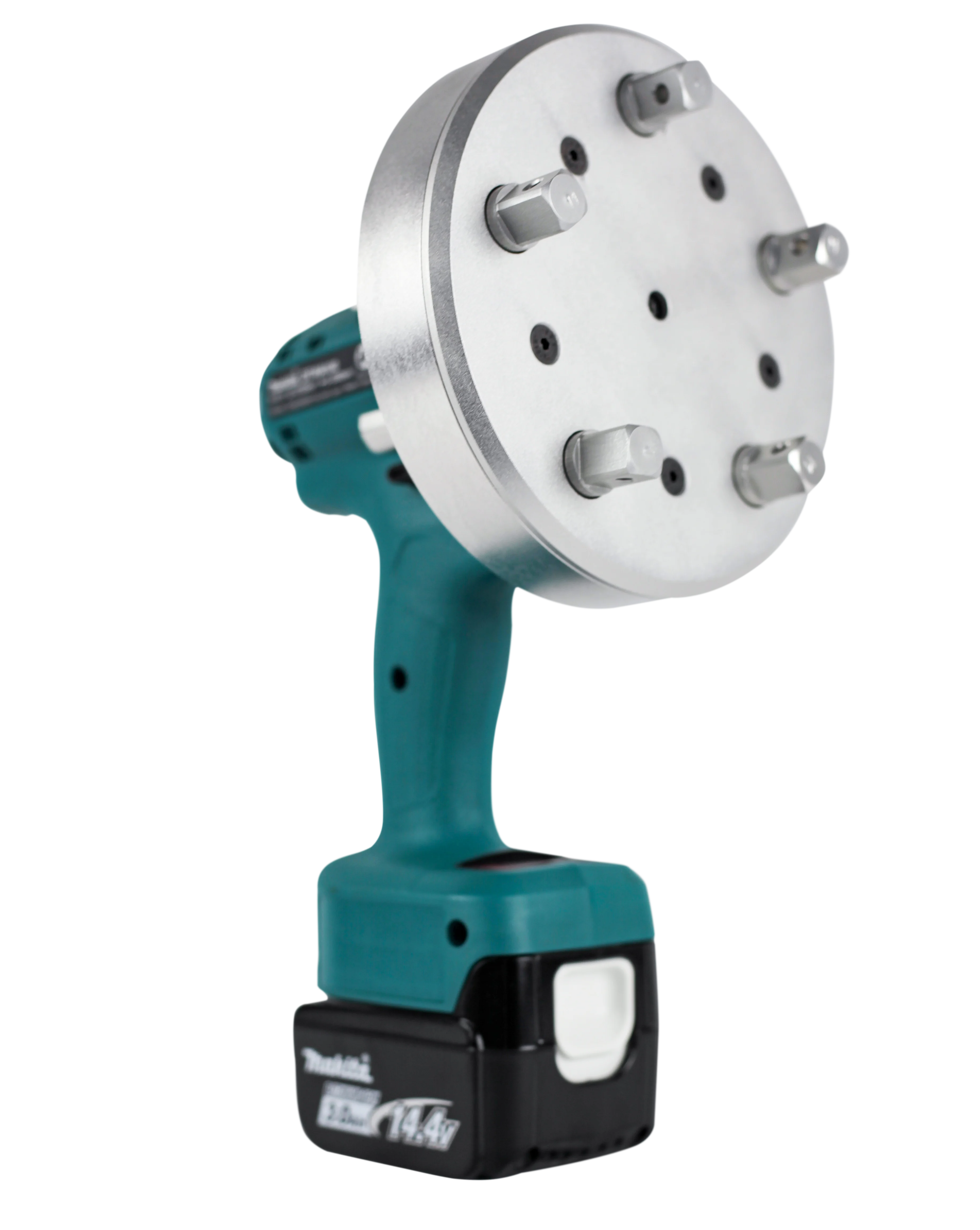 Apertadeira a bateria multifuso M. Shimizu com cabeçote multieixos para fixação simultânea de parafusos em rodas e componentes automotivos.