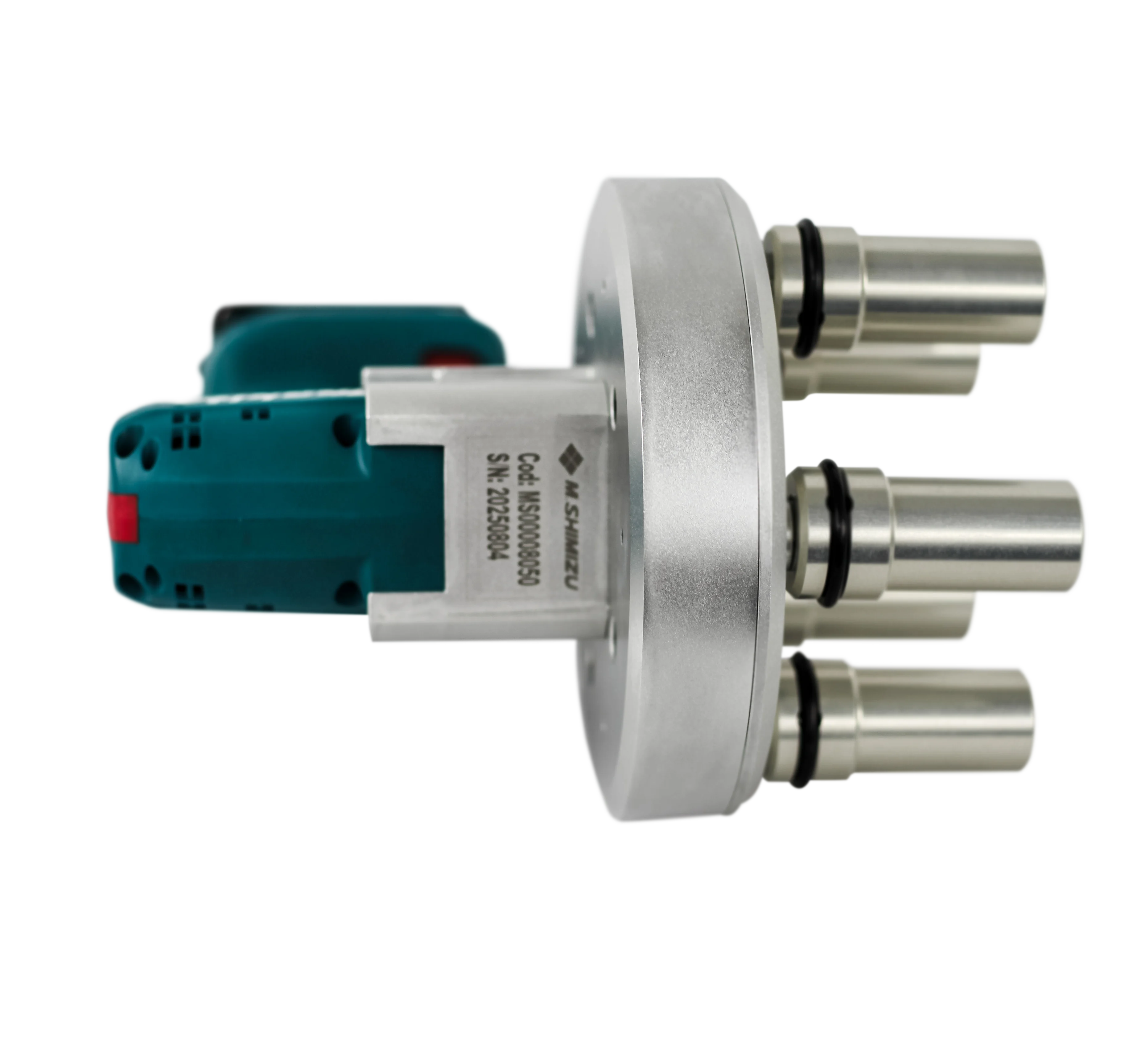 Apertadeira a bateria multifuso M. Shimizu com cabeçote multieixos para fixação simultânea de parafusos em rodas e componentes automotivos.
