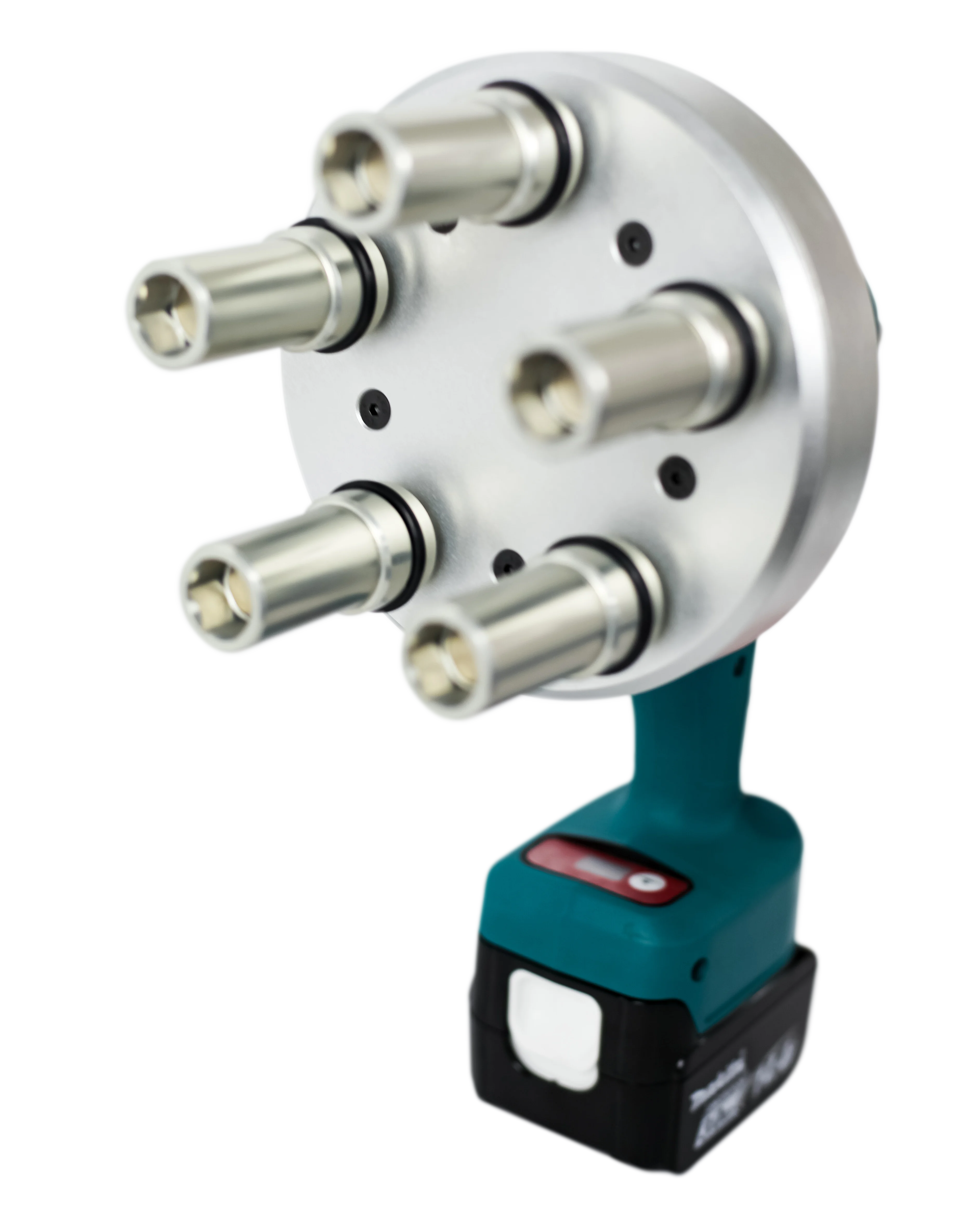 Apertadeira a bateria multifuso M. Shimizu com cabeçote multieixos para fixação simultânea de parafusos em rodas e componentes automotivos.