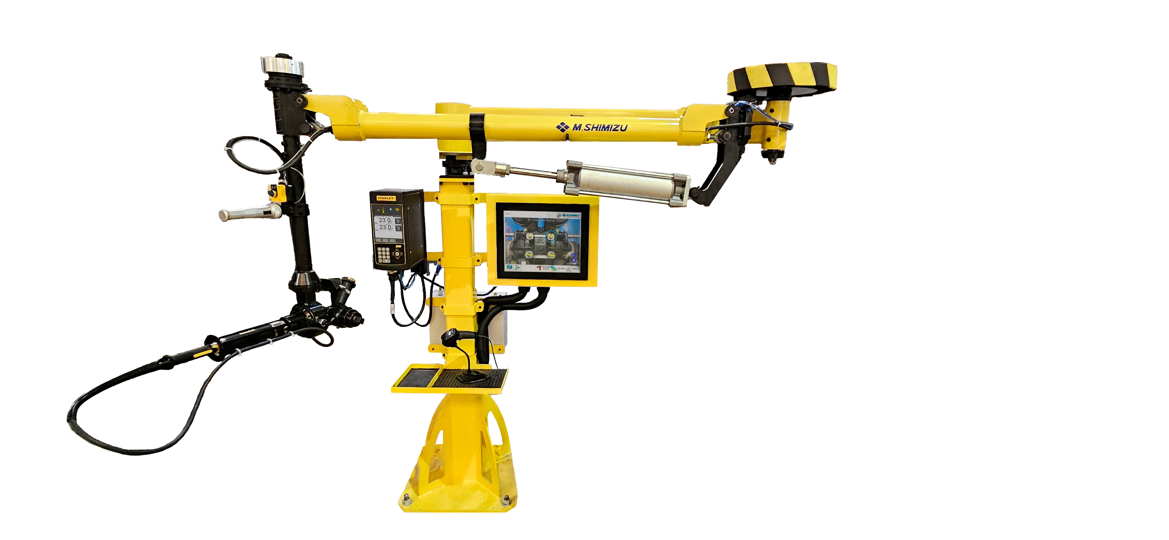 Braço de reação pantográfico com peso zero da M Shimizu, equipado com sensores e sistema de automação integrada.