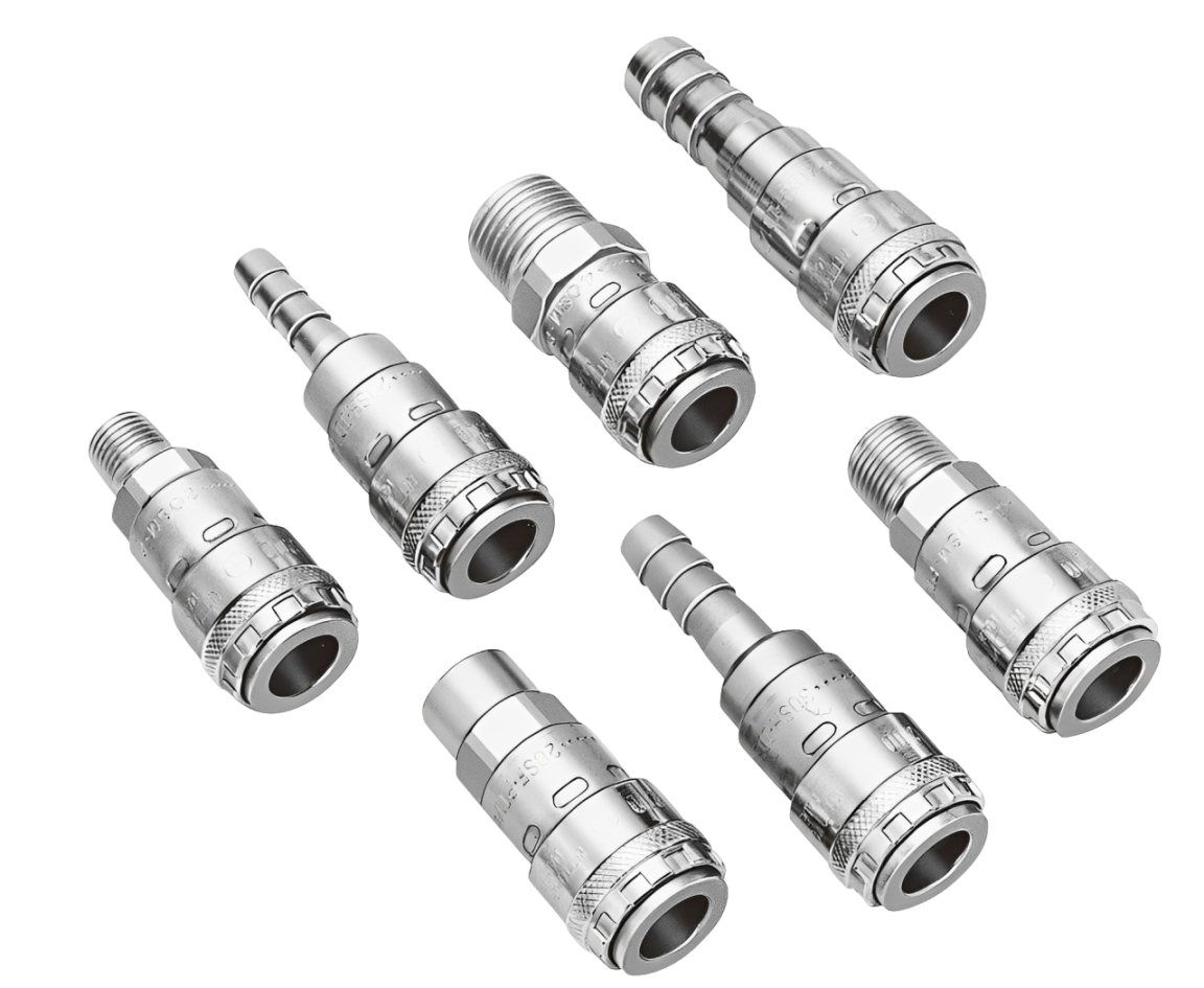 Engate pneumático Hi Cupla Série 200 SH da Nitto Kohki com bocal para mangueira, corpo em aço cromado e design push-to-connect.​