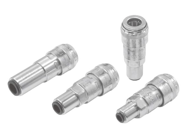 Engate pneumático Hi Cupla Série 200 SH da Nitto Kohki com bocal para mangueira, corpo em aço cromado e design push-to-connect.​