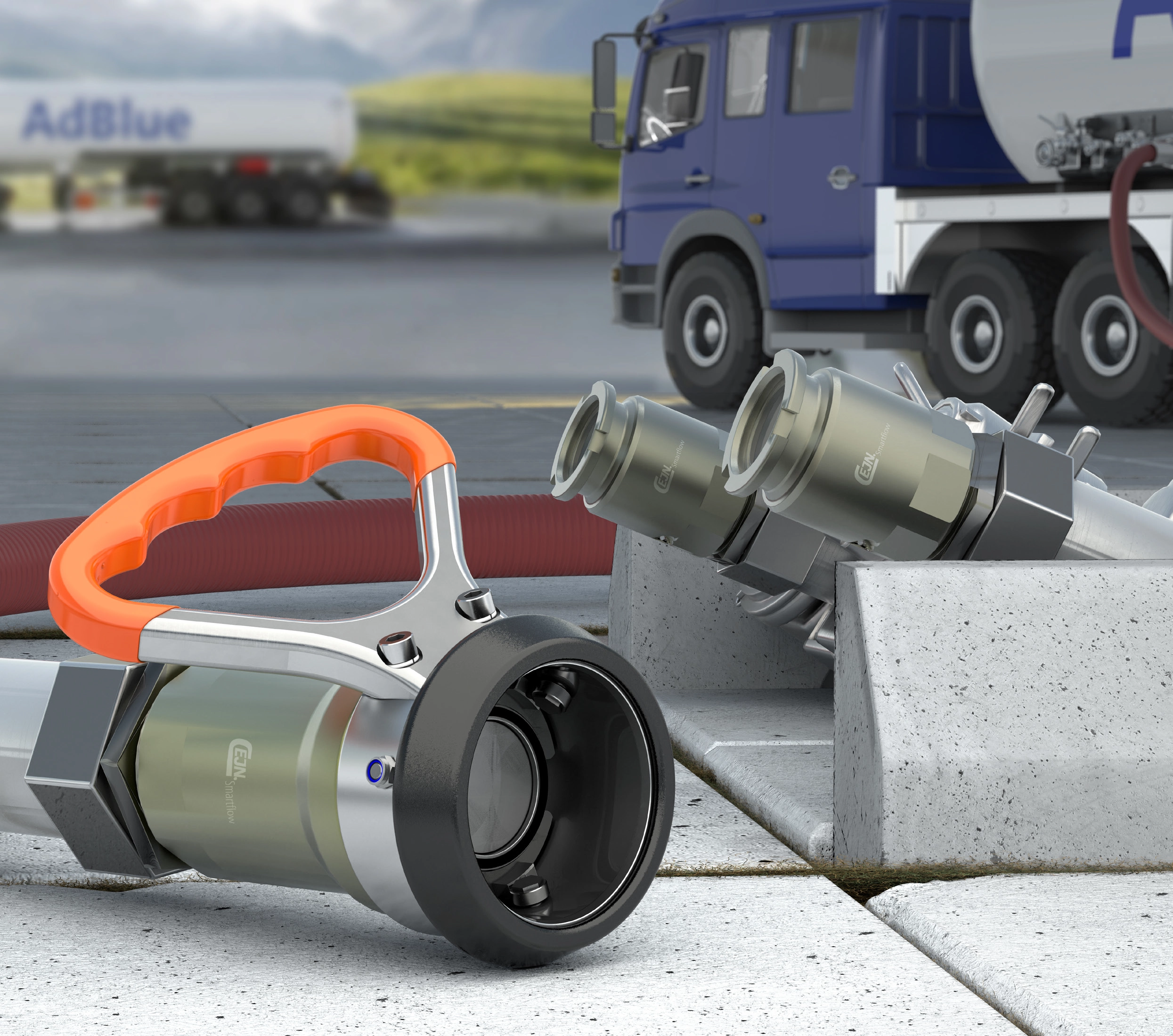 Vista explodida do engate Smartflow dry break com identificação de componentes. Acoplamento seco 25 bar para transferência segura de fluidos. Aplicações: AdBlue, bunkering, IBC, Oil & Gas, petroquímica, Food & Beverage,