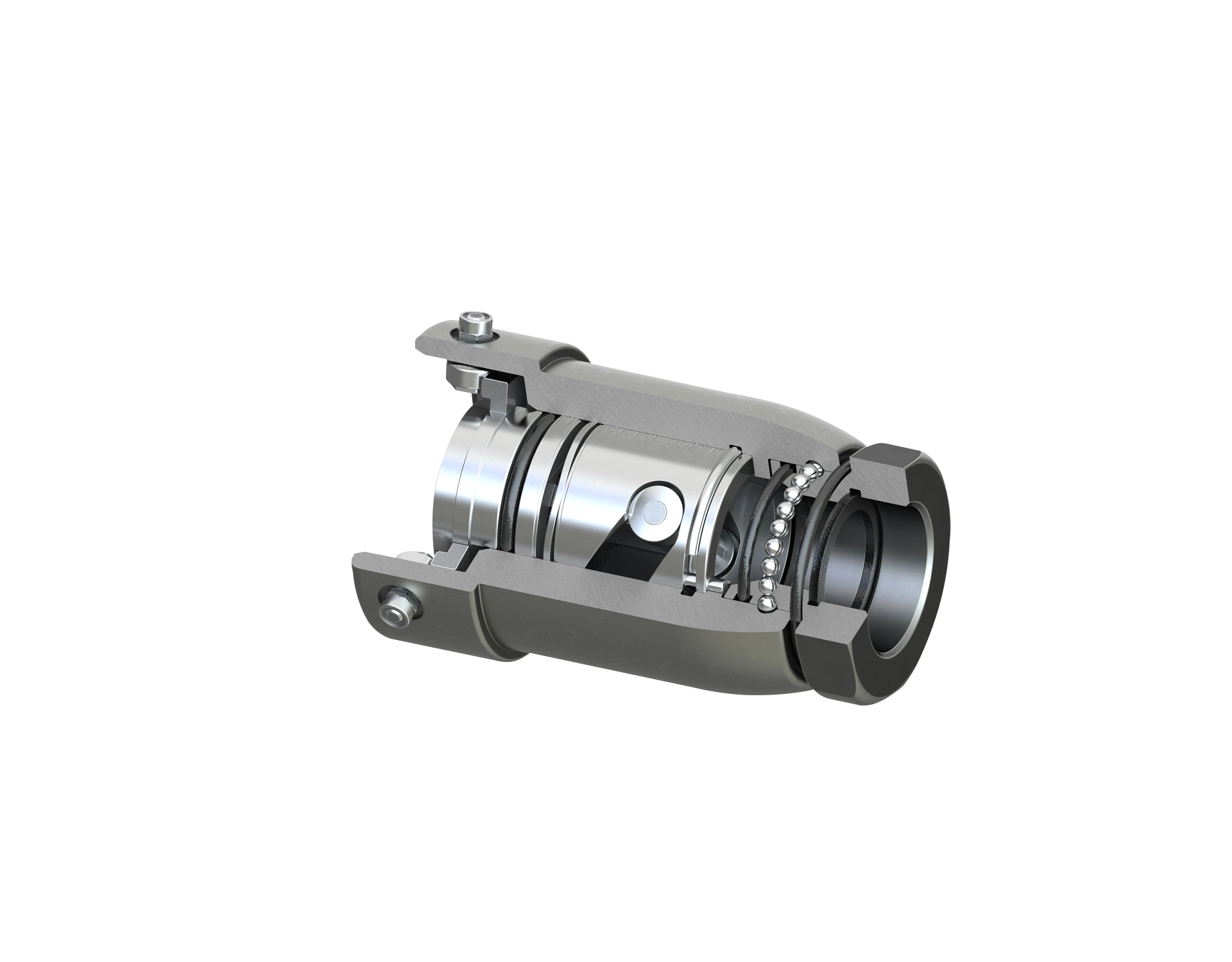 Vista explodida do engate Smartflow dry break com identificação de componentes. Acoplamento seco 25 bar para transferência segura de fluidos. Aplicações: AdBlue, bunkering, IBC, Oil & Gas, petroquímica, Food & Beverage,