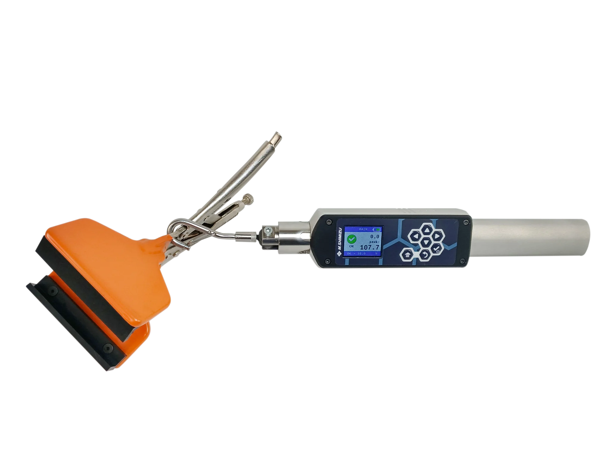 Sistema portátil de medição de força de extração da guarnição com display digital e empunhadura ergonômica, distribuído pela M Shimizu para testes de conformidade em guarnições automotivas.